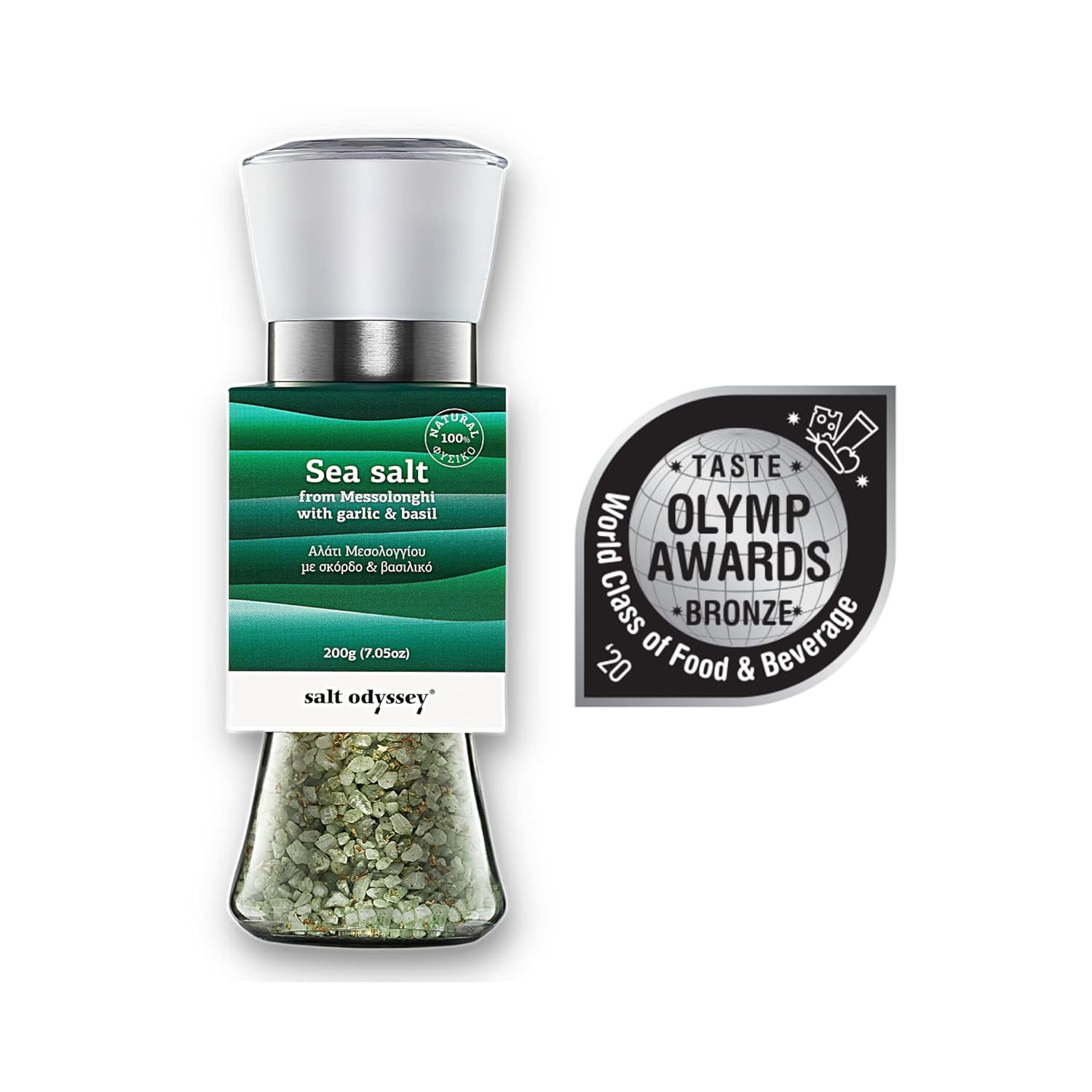 Jūros druska su česnakais ir bazilikais malūnėlyje "Messolonghi" 180g