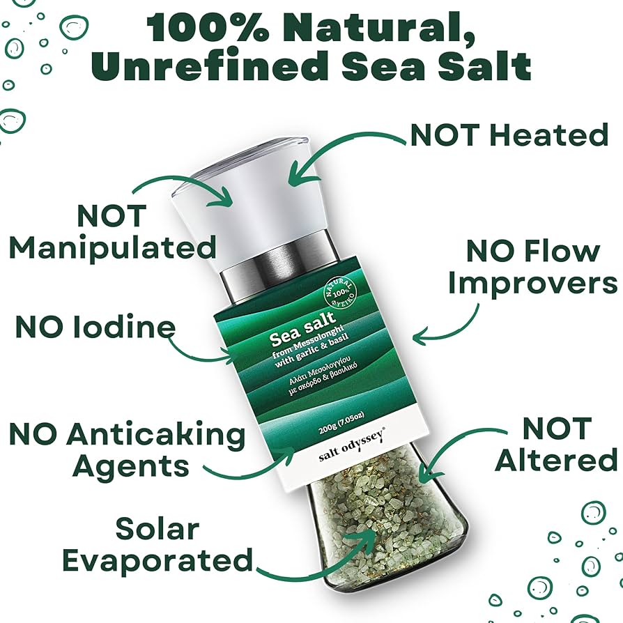 Jūros druska su česnakais ir bazilikais malūnėlyje "Messolonghi" 180g