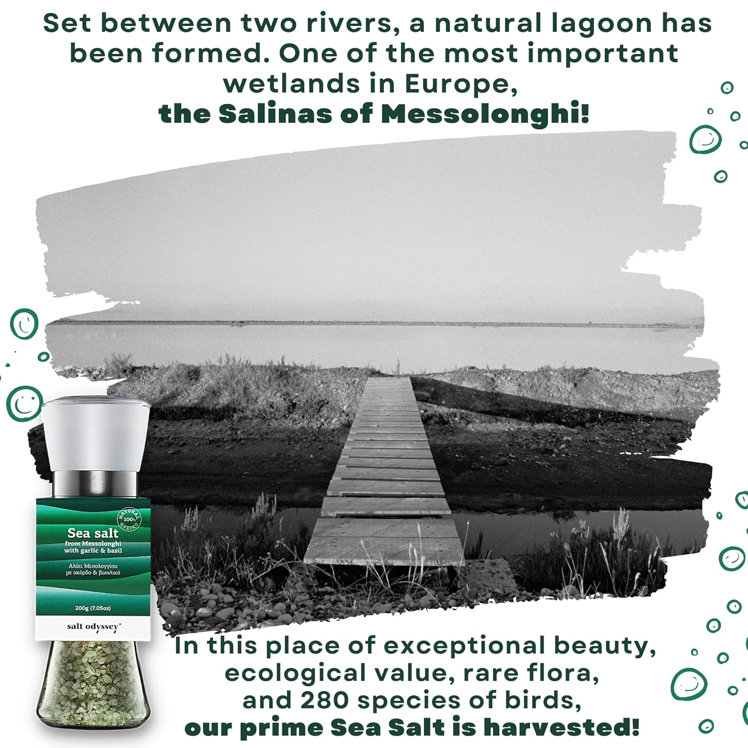 Jūros druska su česnakais ir bazilikais malūnėlyje "Messolonghi" 180g