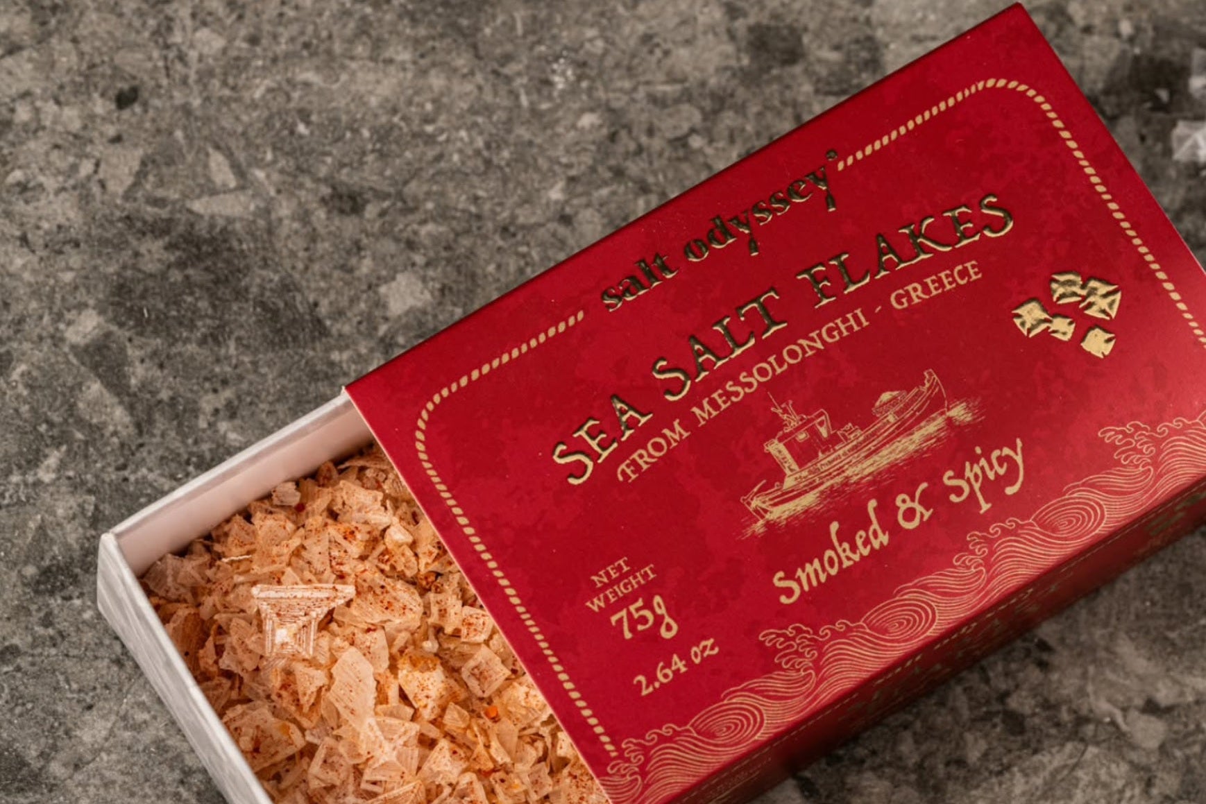 Jūros druskos dribsniai – rūkyti ir aštrūs "Messolonghi" 75g