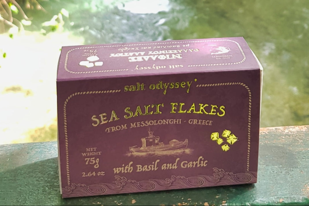 Jūros druskos dribsniai su česnaku ir baziliku "Messolonghi" 75g