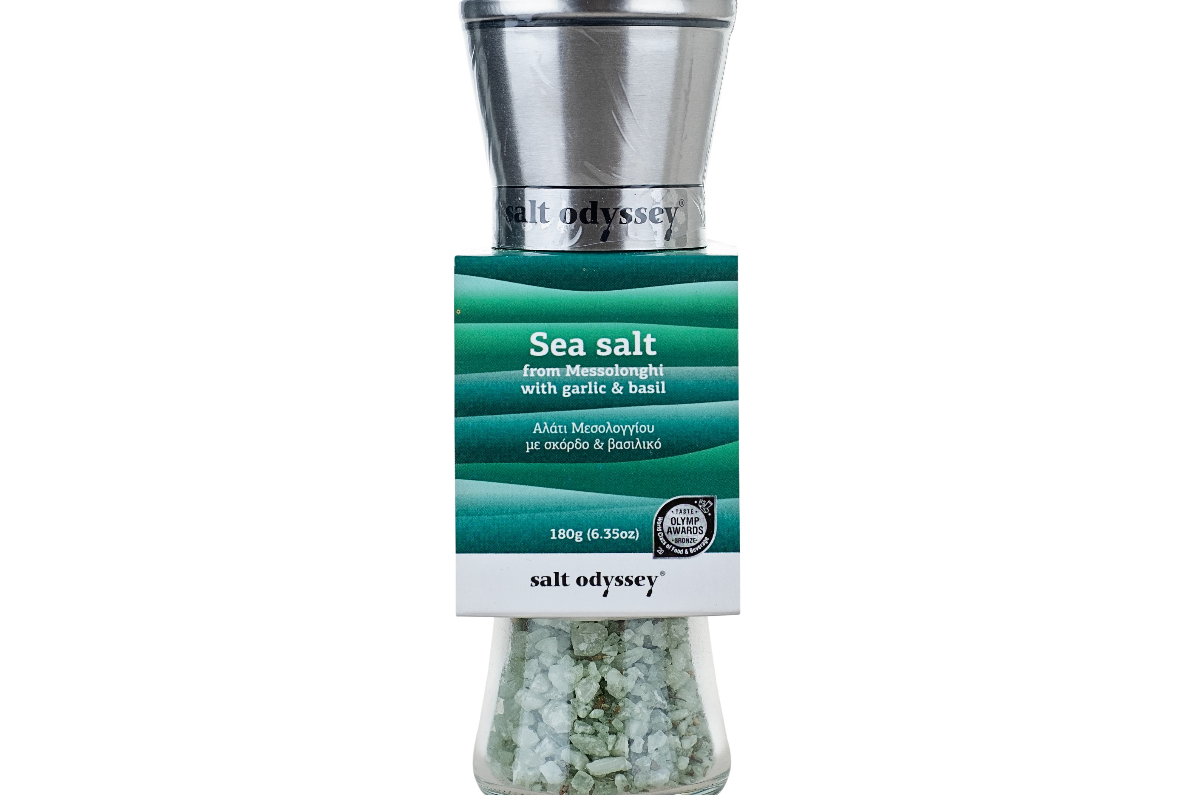 Jūros druska su česnakais ir bazilikais malūnėlyje "Messolonghi" 180g